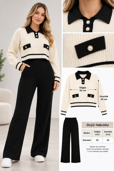 EMR Online Women's Knitwear Sweater Trouser Set – Polo Collar Stripe Detailed Knitted 2-Piece Crop Set