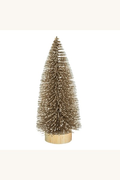 Comerivo Brad Craciun artificial mic cu glitter bej si zapada, 16cm pe baza lemn