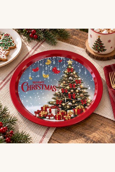 Comerivo Tava servire rotunda metal, brad Craciun si mesaj festiv, 32cm