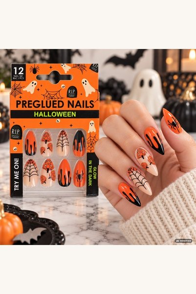 Comerivo Set 12 unghii false autoadezive de Halloween pentru femei, glow in t...