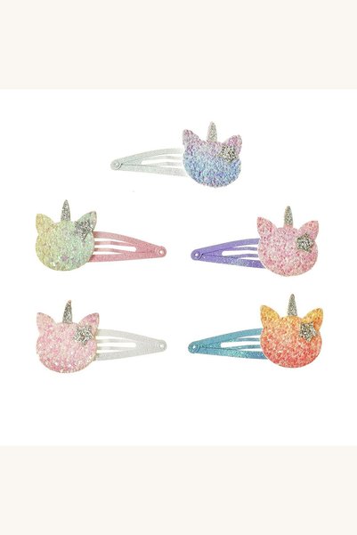 Comerivo Set 5 clame par copii pisica unicorn 3D pasla multicolora cu glitter
