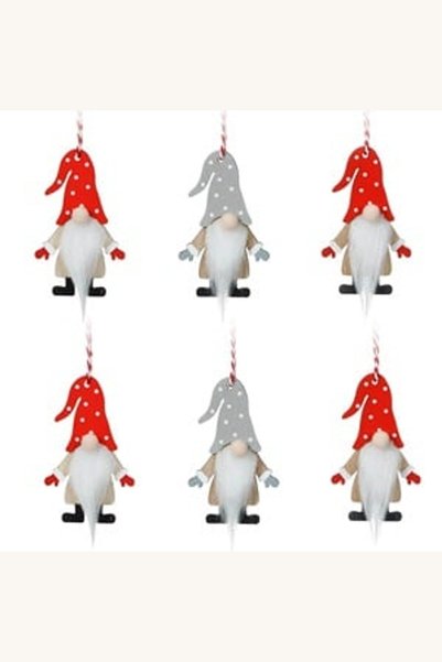Comerivo Set 6 ornamente brad gnomi din lemn, rosii cu buline gri, 8cm