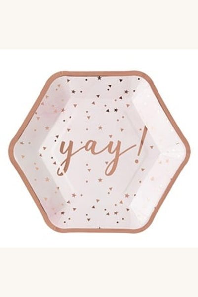 Comerivo Set 6 farfurii hexagonale carton albe cu stele roz aurii, 18cm
