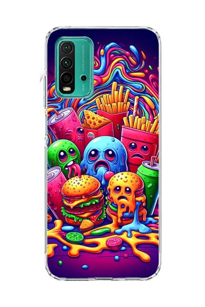 lelia حافظة هاتف شفافة متوافقة مع Redmi 9T مطبوعة بتصميم نيون همبرغر وبطاطس