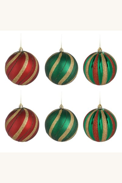 Comerivo Set 6 globuri Craciun cu dungi si glitter, rosii-verzi, diametru 10cm