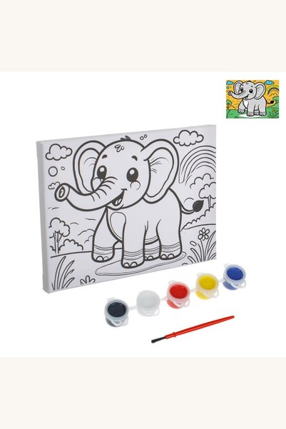 Comerivo Set pictură pe pânză cu elefant, 5 culori acrilice și pensulă, 15x20 cm