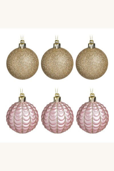 Comerivo Ornamente Brad Roz Mate si Sampanie Glitter 6cm - Set 6 Bucati
