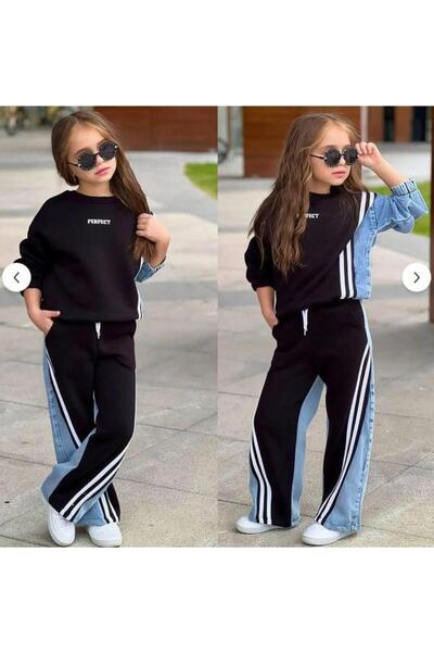 AYKİDSCLUP Girl's 3-Thread Ruffled Denim Garnished Stripe Detailed Sweatshirt and Wide-Leg Sweatpants Set 1610-S