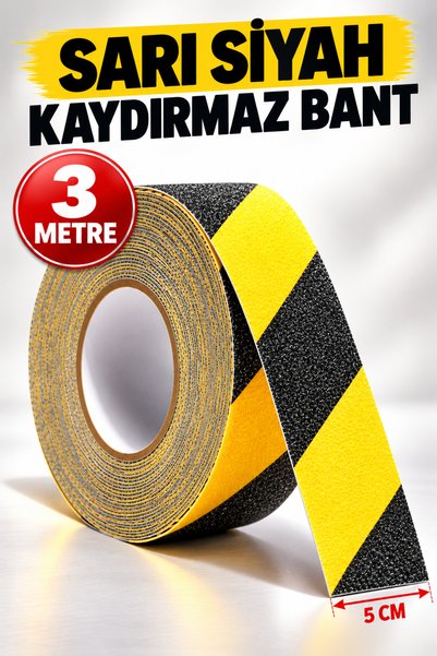 Alıç Sarı Siyah Kaydırmaz Bant 3 Metre x 5 cm Merdiven Basamak Kaydırmazlık B...