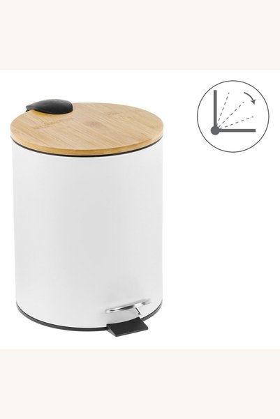 Comerivo Cos metalic pentru baie cu capac bambus, alb mat, 5L, 20x26cm