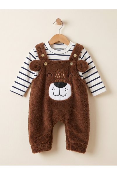 Lindakids Peluş Welsoft Ayarlanabilir Salopet Omzu Çıtçıtlı Çizgili Bodyli Er...