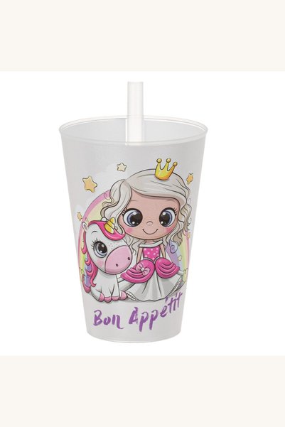 Comerivo Pahar cu pai pentru fete, model printesa unicorn, 400ml alb