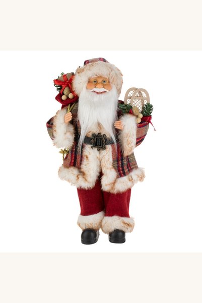 Comerivo Mos Craciun decorativ 45cm cu costum in carouri si accesorii lemn