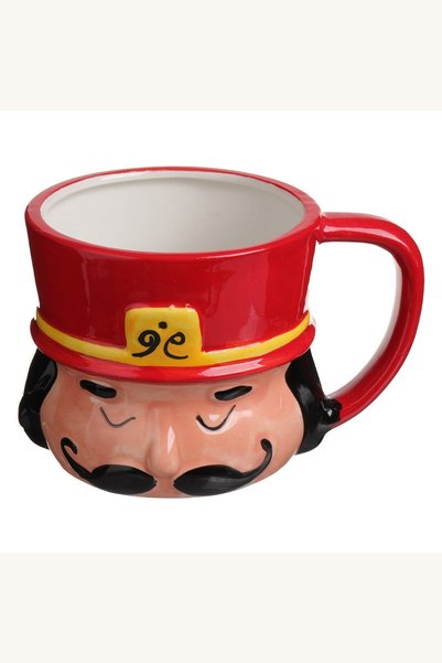 Comerivo Cană de Crăciun din ceramică albă și roșie, cu chip de spărgător de ...
