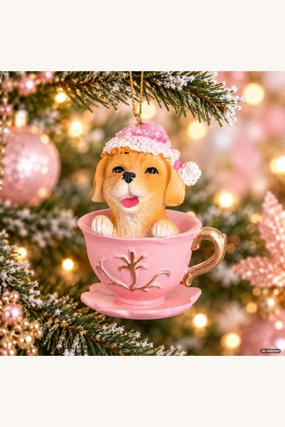 Comerivo Decorațiune pentru brad în formă de cățel Labrador într-o cană roz, ...