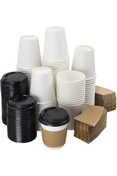 Generic 200-Pack 8 oz White Paper Disposable Cups With Lids And Sleeves– Hot/...