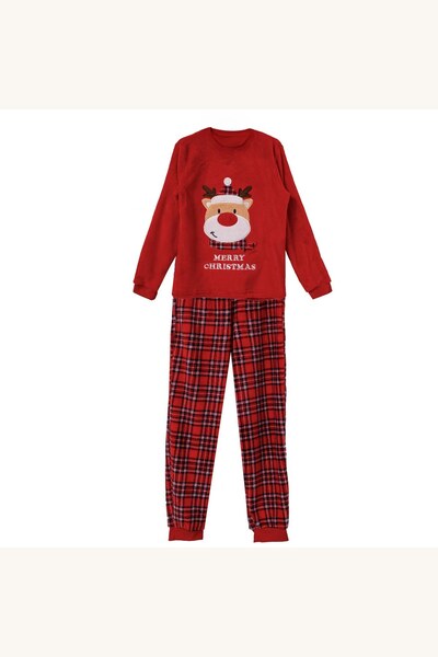 Comerivo Set pijama Craciun fleece rosu cu ren brodat pentru copii, marimea 8...