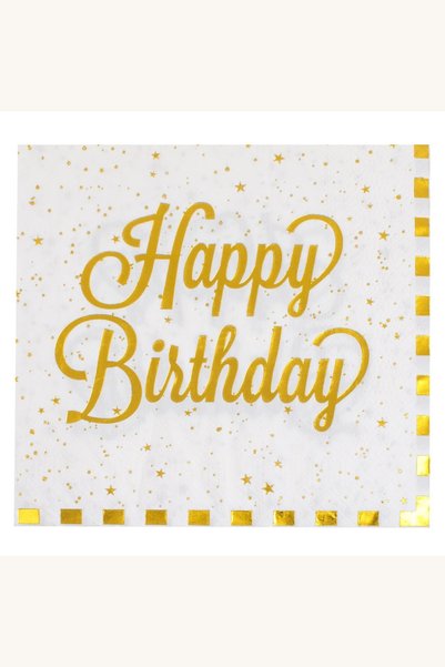 Comerivo Servetele petrecere Happy Birthday albe cu dungi aurii 33x33cm 12 buc
