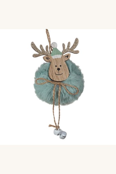 Comerivo Decoratiune Craciun cerb cu blana verde menta si clopotei, 17cm inal...