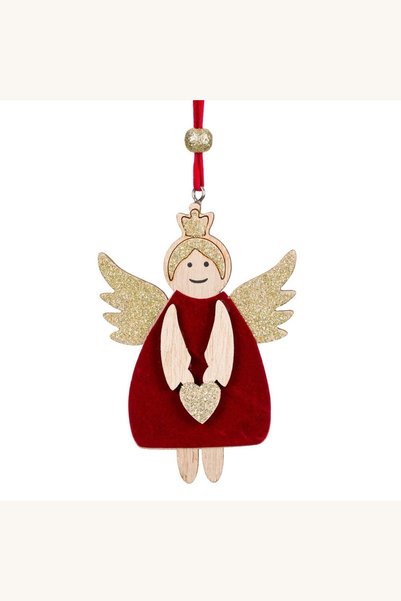 Comerivo Decoratiune Inger din Lemn Rosu Catifelat cu Glitter pentru Brad 11cm