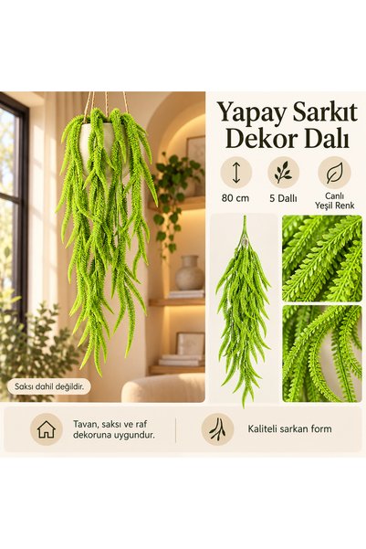 TEMA AJANS SÜS Yapay Sarkıt Bitki 80 cm 5 Dallı Canlı Yeşil Sarkan Püsküllü D...