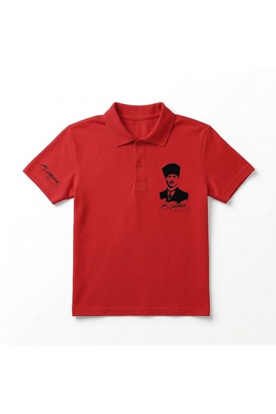 Çapıt Pamuklu Polo Yaka Siyah Atatürk Baskılı Kolu Atatürk İmzalı Kırmızı Tiş...