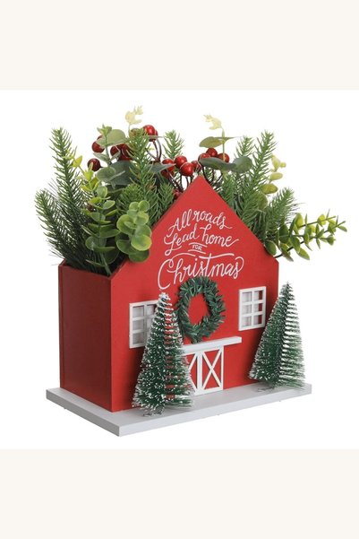 Comerivo Compozitie decorativa Craciun cu casuta rosie, brazi si berries 22,5...