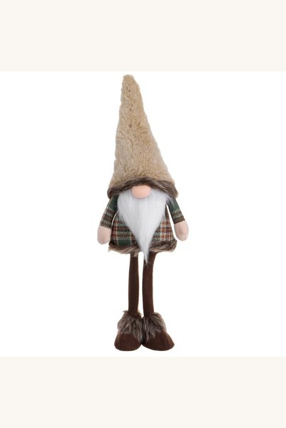 Comerivo Gnome de Craciun cu haina in carouri maro, 55cm - decoratiune de podea