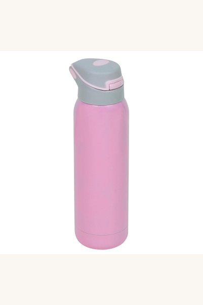 Comerivo Sticla termoizolanta 500ml roz mat cu pai, pentru bauturi reci si calde