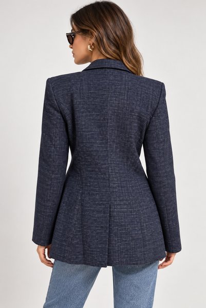 Mys Collection Kadın Lacivert Dokulu Blazer Ceket Kruvaze Düğmeli Vatkalı Uzun Kesim