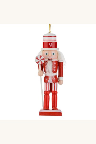Comerivo Soldat de Craciun din lemn cu uniforma candy rosie-alba si baston, 13cm