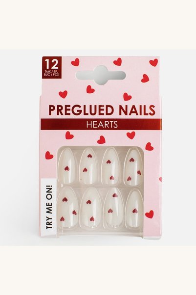 Comerivo Set 12 unghii false albe cu inimioare rosii si adeziv inclus