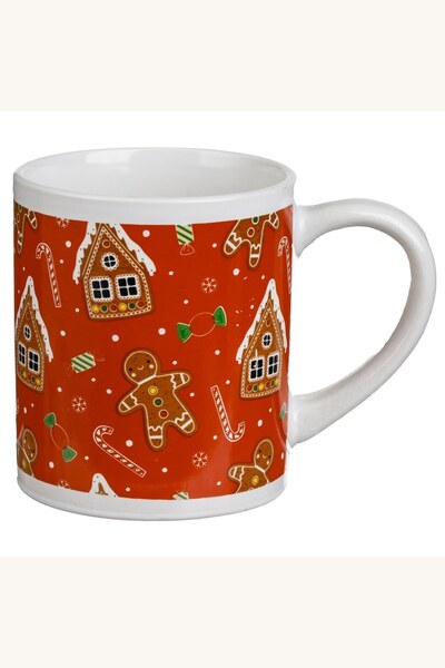 Comerivo Cană pentru cafea sau ceai de Crăciun, ceramică roșie cu căsuțe și f...