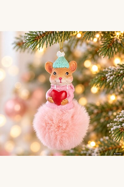 Comerivo Ornament glob șoricel roz cu puf pentru bradul de Crăciun, 10 cm