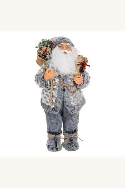 Comerivo Mos Craciun decorativ cu cadouri si clopotel, costum gri alb, 60cm i...
