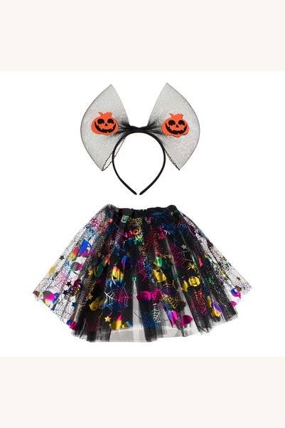 Comerivo Costum Halloween fetite cu tutu negru 30cm si bentita cu dovleci - s...