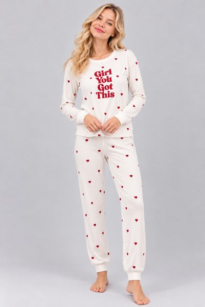 Pijamask Kadın Desenli Bisiklet Yaka Uzun Kollu Baskılı Rahat Kesim Pijama Takımı