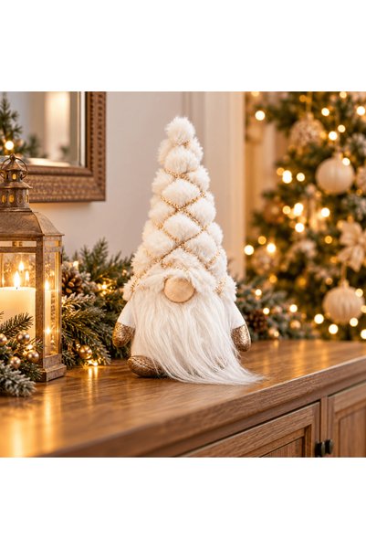 OEM Decoratiune de Craciun, spiridus/gnom cu caciula alba, 14*11*26 cm, alb