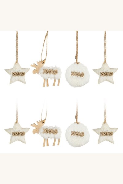 Comerivo Set 8 decoratiuni Craciun din lemn cu blana si glitter, 5.5cm