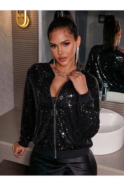 Generic Brand Women's Long Sleeve Sequin Embroidered Jacket with Front Zipper...