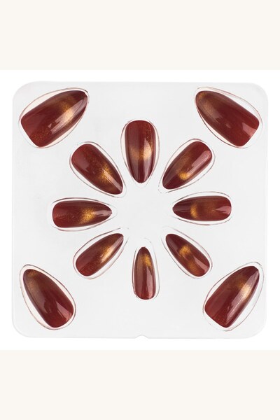 Comerivo 12 Unghii False Adezive Bordo Cat Eye cu Forma Migdale