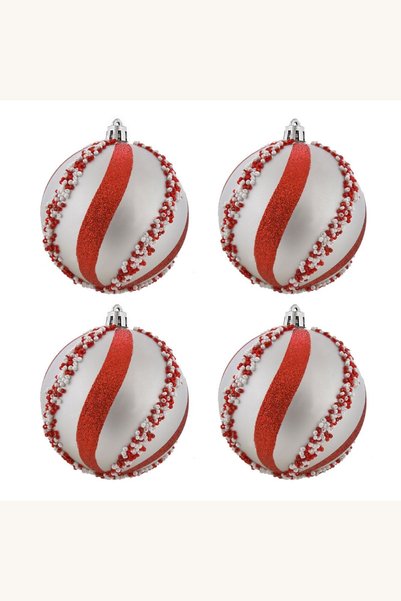 Comerivo Set 4 globuri Craciun argintii mat cu margele si glitter rosii 8cm