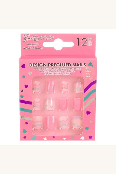 Comerivo Set 12 Unghii False pentru Copii Roz cu Inimi Glitter si Finisaj Lila