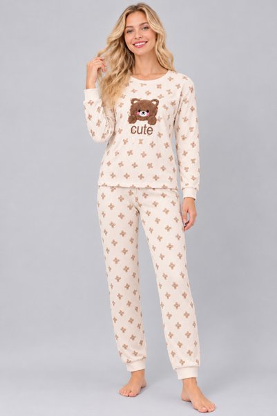 Pijamask Kadın Desenli Bisiklet Yaka Uzun Kollu Baskılı Rahat Kesim Pijama Takımı