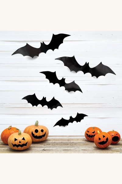 Comerivo Set 12 lilieci negri 3D pentru decoratiuni Halloween, 9cm, cu autoco...