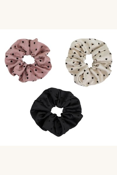 Comerivo Set 3 elastice par satinat cu buline si inimi - roz, ecru, negru