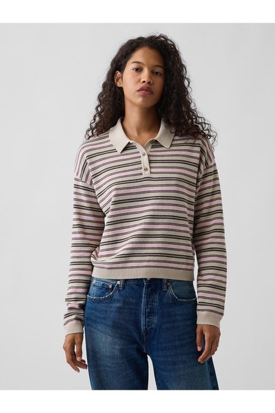 GAP Kadın Açık Pembe 100% Pamuk Relaxed Polo Kazak
