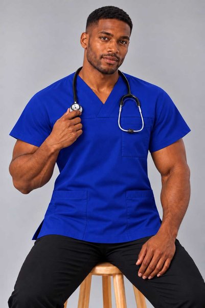 EMİR MEDİKAL (E-Flex) Saks Blue Lycra Men's Single Top Non-Ironing Nurse and Doctor Uniform Scrubs Hospital Uniform