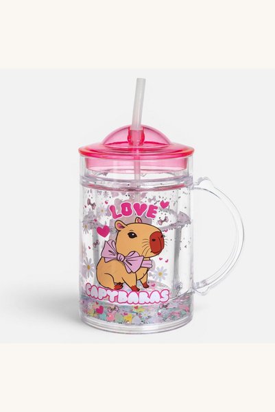 Comerivo Pahar din plastic cu pai și imprimeu Capybara, 220 ml, pereți dubli ...