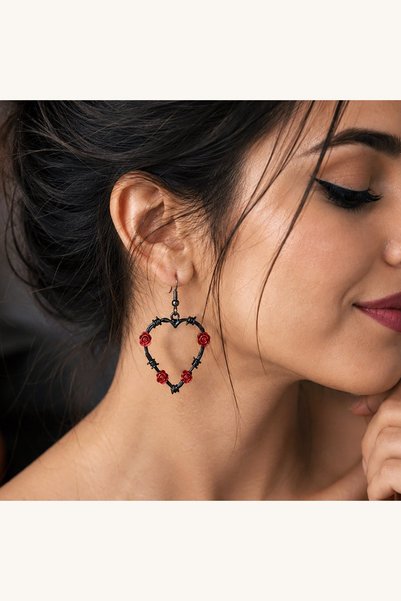 Comerivo Accesorii Halloween - Cercei Inima Neagra cu Flori Rosii si Sarma De...